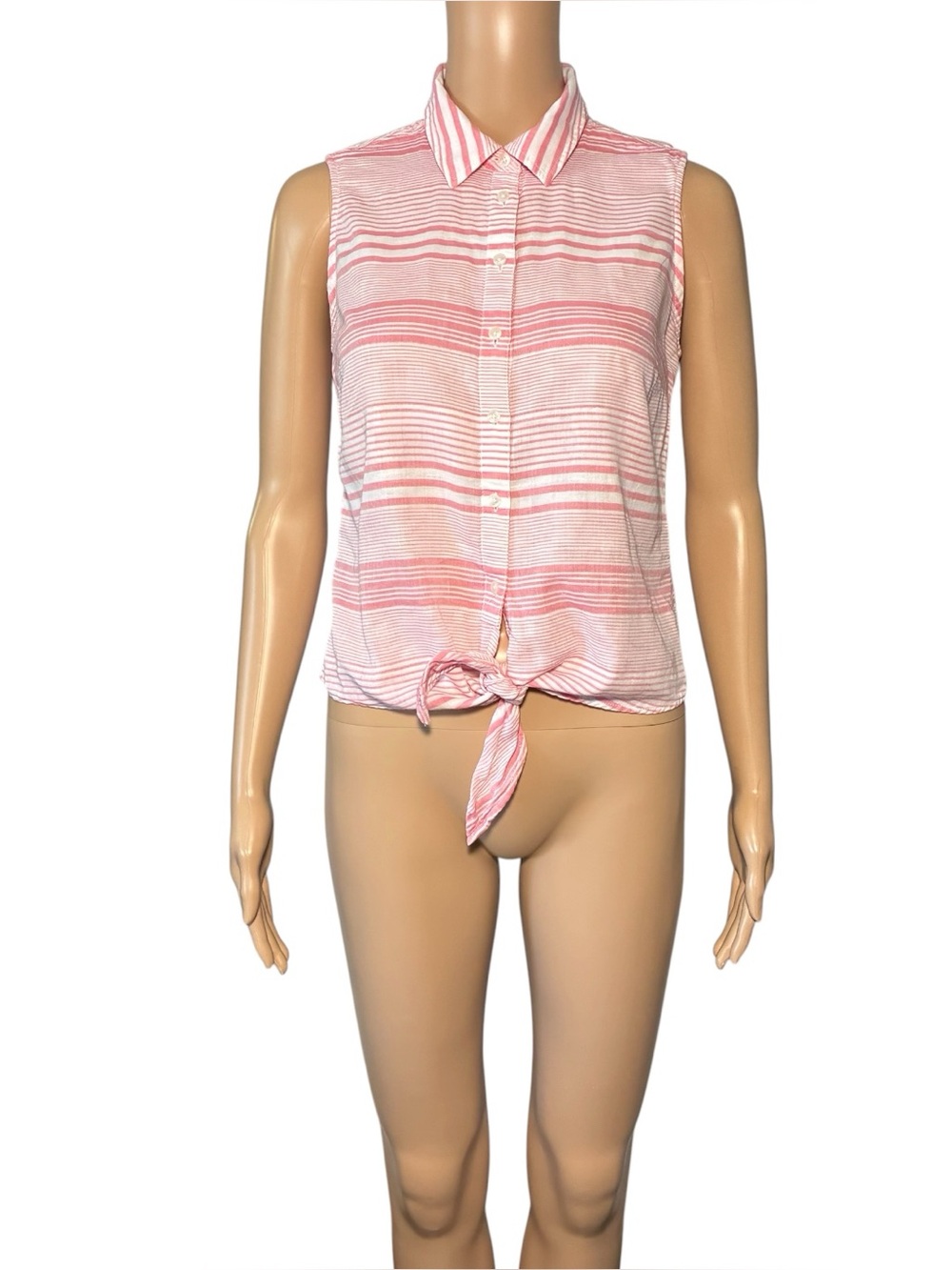 Talbots Women's Button Down Shirt XS Striped Tie-Strap Sleeveless 100% Cotton